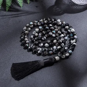 Necklaces 8mm Black Fire Onyx 108 Japamala Beaded Knotted Necklace Meditation Yoga Blessing Spirit Jewelry Set Women Tassel Lotus Pendant
