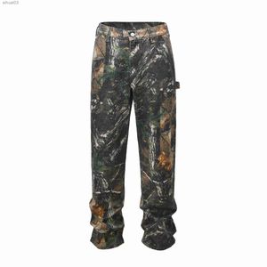 Men's Jeans European and American tree grain camouflage jeans mens slim fit splashing ink fashionable hip-hop tapered jeans camouflage jeansL2403