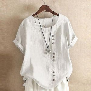 Women's Blouses Woman Tops Round Neck Short Sleeves Solid Color Pullover Breathable Casual Oversize Summer Loose Cotton Linen Shirt Women