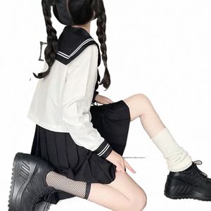 Conjuntos Sailor S-2XL Uniforme Escolar Preto Marinha Carto Menina Mulheres Japonês Terno Básico Traje Q0LR #