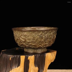 Dekoratif Figürinler Çin Bronz Antika Dragon Desen Heykel Bowl El Sanatları Koleksiyonu Figürin Ev Retro Aksesuarları