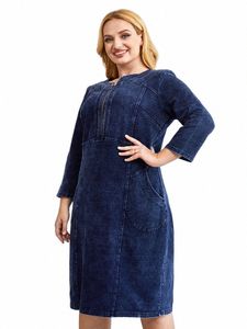 lih hua kvinnors plus size denim dr hösten chic elegant dres för knubbiga kvinnor stång stickad dr p1qk#