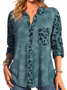 Plus Größe Casual Bluse, frauen Plus Colorblock Leopard Print Gerippte Lg Sleeve Butt Up Revers Kragen Hemd G5TW #