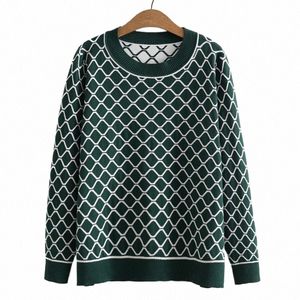 3xl Plus Size Knitting Sweater Women Autumn New Ctrast Color Argyle Jumpers Winter O-Neck Lg Sleeve Pullover Outwear t8Uu#