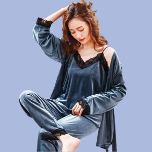 Velvet Pyjamas Set - sexy Vollnacht mit Frauen, Pyjama, Herbst/Wintermode von Frauen, weiche Spitzen 3pcs/Set Homewear, Plus Size
