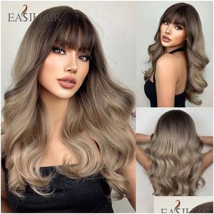 Syntetiska peruker Easihair Long Brown Curly Wavy med bang för svarta afro kvinnor dagligen cosplay party naturligt värmebeständigt hår peruk drop otnw4