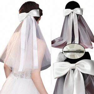White Bow Wedding Dr Headdr Bridal Veil Właszka z klipsami ręcznie robionymi akcentami ślubnymi opaską na głowę P778#