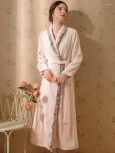 Startseite Kleidung Robe Frauen Flanell Vintage Winter Nachtwäsche Samt Ärmel Kleid Koralle Herbst Nachtwäsche Prinzessin Lange Süße Pyjamas Lose