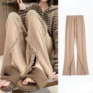 Calças femininas flare mulheres fenda vintage desgastado casual macio cintura alta temperamento streetwear cordão aconchegante calças de comprimento total estilo coreano