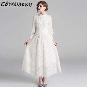 Urban Sexy Dresses Comelsexy 2023 Summer Womens Elegant Stand Collar Lantern Sleeve Tassels Party Long Beige Feather Dress Vestido yq240330