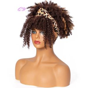 Wigs Short Afro Kinky Curly Headband Wig Synthetic Women's Mix Brown Wig Daily Wear Natural Soft Fluffy Hair Bands Woman Fake Hair