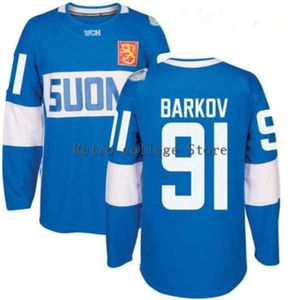 24S 91 Александр Барков Сине-белый Джерси сборной Финляндии по хоккею с вышивкой на заказ. Трикотажные изделия с любым номером и именем.