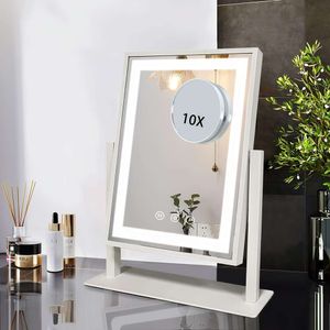 Lighted Makeup Mirror, Vanity with Lights Smart Touch Screen, 180° Rotation Metal Frame Table Top Cosmetic Mirrors, Rectangular Mirror (white)