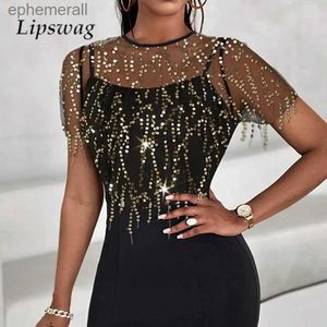 Abiti sexy urbani Eleganti signore O Collo Mesh Patchwork Abito longuette Moda Paillettes Nappa Aderente Estate Manica corta Fishtail yq240330