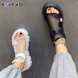 Slippers Sandals Women Summer New Fashion Thickbottomed Breathable Eugene Yarn Mesh Magic Paste Roman Sandals Hook & Loop Ad1255