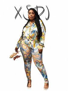 Plus -storlek Matchning Set Spring Print Shirt Top and Pants Two Piece Set för Women Streetwear Fi Suit Wholesale Dropship 54C8#