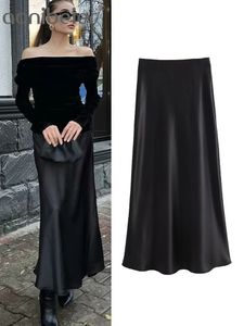 aonibeier 여름 파티 여성 새틴 치마 트래프 탄성 높은 허리가있는 Aline Casual Office 암컷 Maxi Long Skirts Y2K Black 240326