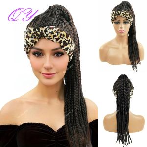 Perücken Qy Synthetische Flechthaarstirnband Perücken für Frauen Leopard Turban Wrap Braunen Pferdeschwanz lockig