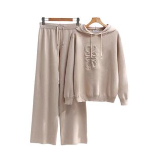 American style three dimensional heavy industry new knitted hoodie pullover wide leg pants set fashionable and minimalist temperament Women two piece sets