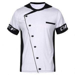 Mens Chef Shirt Hotel Restaurant Kitchen Costume Print Work Wear Uniform Casual Round Neck Short Sleeve Food Service T-shirt S27N#