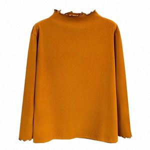 Plus Size Women's Casual Basic T-shirt 100 kg Autumn Winter Solid Color Stand Coll med Ruffled Edge de Veet Tyg Varma toppar x8tl#