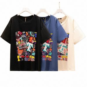 150kgプラスサイズの女性バスト157夏の新しいルーズショートスリーブTシャツカジュアルプリントトップブラックブルーアプリコット6xl 7xl 8xl 9xl 10xl y795＃