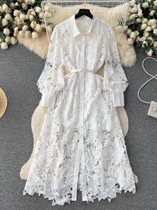 Summer Elegant White Water Soluble Lace Embroidery Dress Women Long Sleeve Hollow Out Single Breasted Belt Party Vestidos 240325