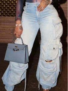 Moda lavada processo desgastado carga jeans mulheres com bolsos algodão vintage casual denim calças femininas high street y2k calças 240322