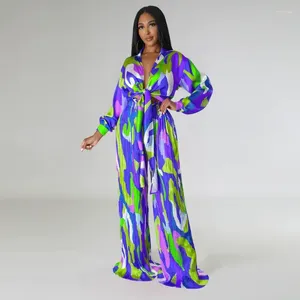 Calças femininas de duas peças wuhe cetim tie dye conjunto oversized camisa de manga longa e perna larga plissada 2024 2 agasalho casual