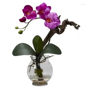Dekorativa blommor Phalaenopsis Artificial Flower Arrangement med räfflad vas lila rumsdekoration estetisk virkning bukett torrt för re