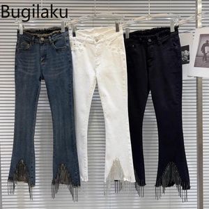 Kvinnors jeans bugilaku hög midja breda benbyxor kvinnor tofs lapptäcke nödställda denim kvinnliga mode all-match smal vår capris