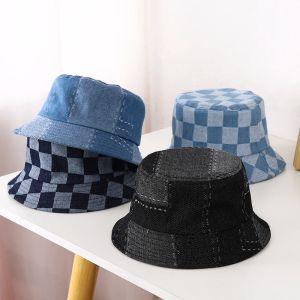 Vikbar tvättad denim barn hink hatt vintage pläd sol mössa sommar fiskare hatt barn pojkar flickor solskade baby hatt