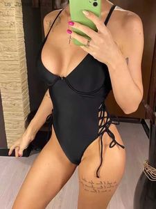 Damskie stroje kąpielowe 2024 Nowa seksowna koronka Up One Piece Swimsuit Kobiety Solidne stroje kąpielowe Kobieta Backless Monokini Bathing Suit Swim Lady T240330