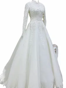 ivory Lg Sleeves Muslim Wedding Dres Robe De Mariage Elegant Dubai Islamic Wedding Gowns Tulle White Lace Bride Dr Y08D#