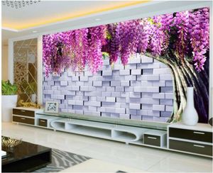 Wallpapers 3d papel de parede personalizado po tijolo parede wisteria árvore fundo decoração pintura sala murais para paredes 3 d