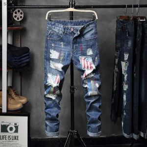 Mäns jeans herrar nytt mode broderat rak hål märke jeans casual lack bomull ultravat tunna blå byxor herrar motorcykel jeans trussl2403