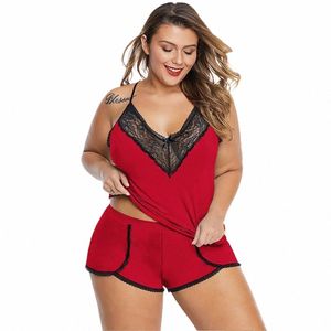 Plus Size pizzo canotta top + pantaloni corti 2023 delle donne di grandi dimensioni Solid Sex Lingerie Set per la femmina biancheria intima casuale degli indumenti da notte 80mH #