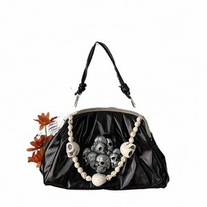 Y2K Vintage Harajuku Punk Skelet Sea Shell Women's Leather Casual Handbag Spice Girl Girl Medium Chain Single Shoulder Crossbodybag T9xt#