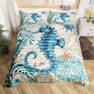 Sea Turtle Duvet Cover Set Full Size,octopus Seahorse Whale Bedding Set Teal Ocean Themed Mediterranean Style Beach Quilt Cover
