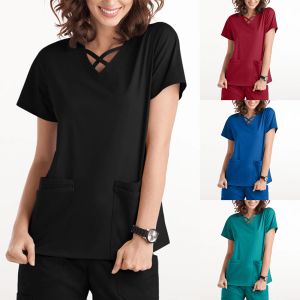 Roupas de enfermagem para mulheres 2021 Mulheres Trabalhadores de bolso de decote em V T-shirt Tops Beauty Spa Scrubs Uniformes de Enfermera Mujer