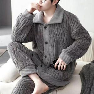 Casa roupas aconchegante loungewear conjunto de pijamas masculinos de inverno com textura de pelúcia lapela de peito único cintura elástica quente homewear