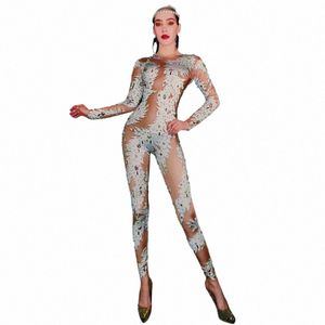 Sparkly AB Crystals White Printed Jumpsuit Women Sexy Leggings Birthday Party Outfit Nightclub Stage Performance Dance Costume 72KQ#
