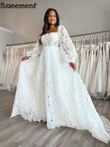 Romantyczny kwadratowy kołnierz 3D kwiatowe koronkowe sukienki ślubne A-line długie rękawowe sukienki ślubne