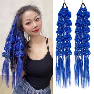 2PCS 24inch Braided Ponytail False Tail For Women Synthetic Hair Extension Rainbow Braids Overhead Pony Horse Tails Pigtail Hairpiece