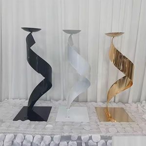 Party Decoration Black Centerpiece White Electroplate S Ribbon Shape Gold Metal Vase Flower Stand Holders Chandelier For Reception Dro Dhpij