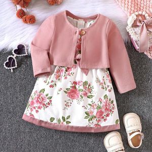 Set di abbigliamento 1 2 3 anni Bambino Neonata 2 pezzi Abito Set Tinta unita Cappotto a coste Floreale Senza maniche Moda Stile adorabile Abbigliamento da festa