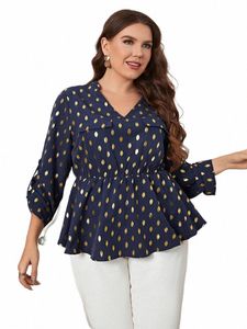 Gibsie Plus Size Gold Dot Stampa scollo a V Peplo Top camicetta donna primavera autunno casual Lg manica femminile ufficio camicette elastiche s5be #