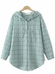 플러스 사이즈 여자 셔츠 여름 얇은 코트 격자 무늬 탑은 태양 보호 조명 LG 슬리브 후드 가디건 t6au#로 사용할 수 있습니다.