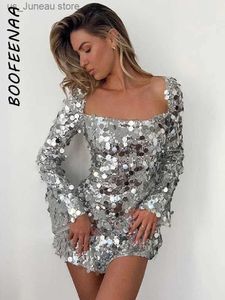 Grundlegende Freizeitkleider BOOFNAA Luxus Pailletten Silber Kurze Partykleider Frauen Sexy Rückenfreies Langes Slve Kurzes Kleid Sparkle Club Outfits C69-GZ30 T240330