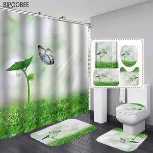 Duschvorhänge Frühlingslandschaft Badezimmervorhang Set Schmetterling Blumen Gras Toilettendeckelabdeckung Badematten Anti-Rutsch-Teppich